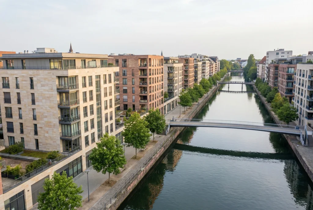 Vue aérienne d'un quartier de logements livré par SOCARA, le long d'un canal