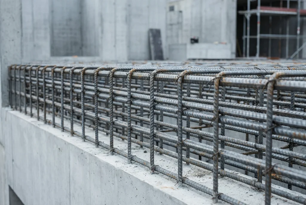 Armatures métalliques et voile en béton sur un chantier SOCARA