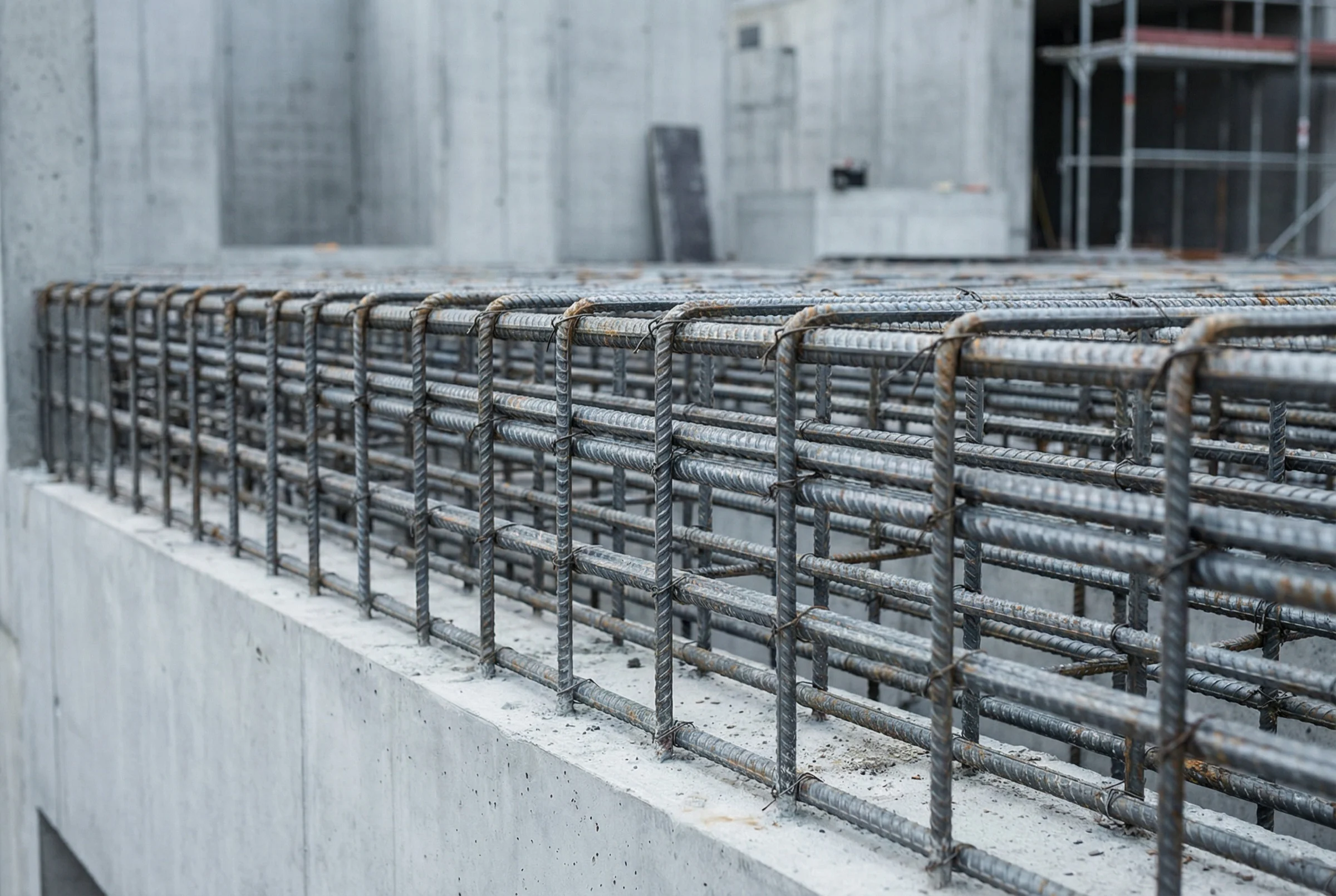 Armatures métalliques et voile en béton sur un chantier SOCARA