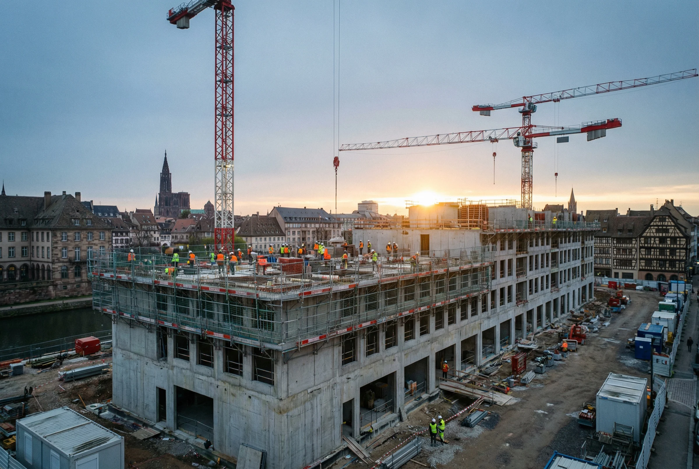 Chantier SOCARA au cœur de Strasbourg, grues au coucher du soleil