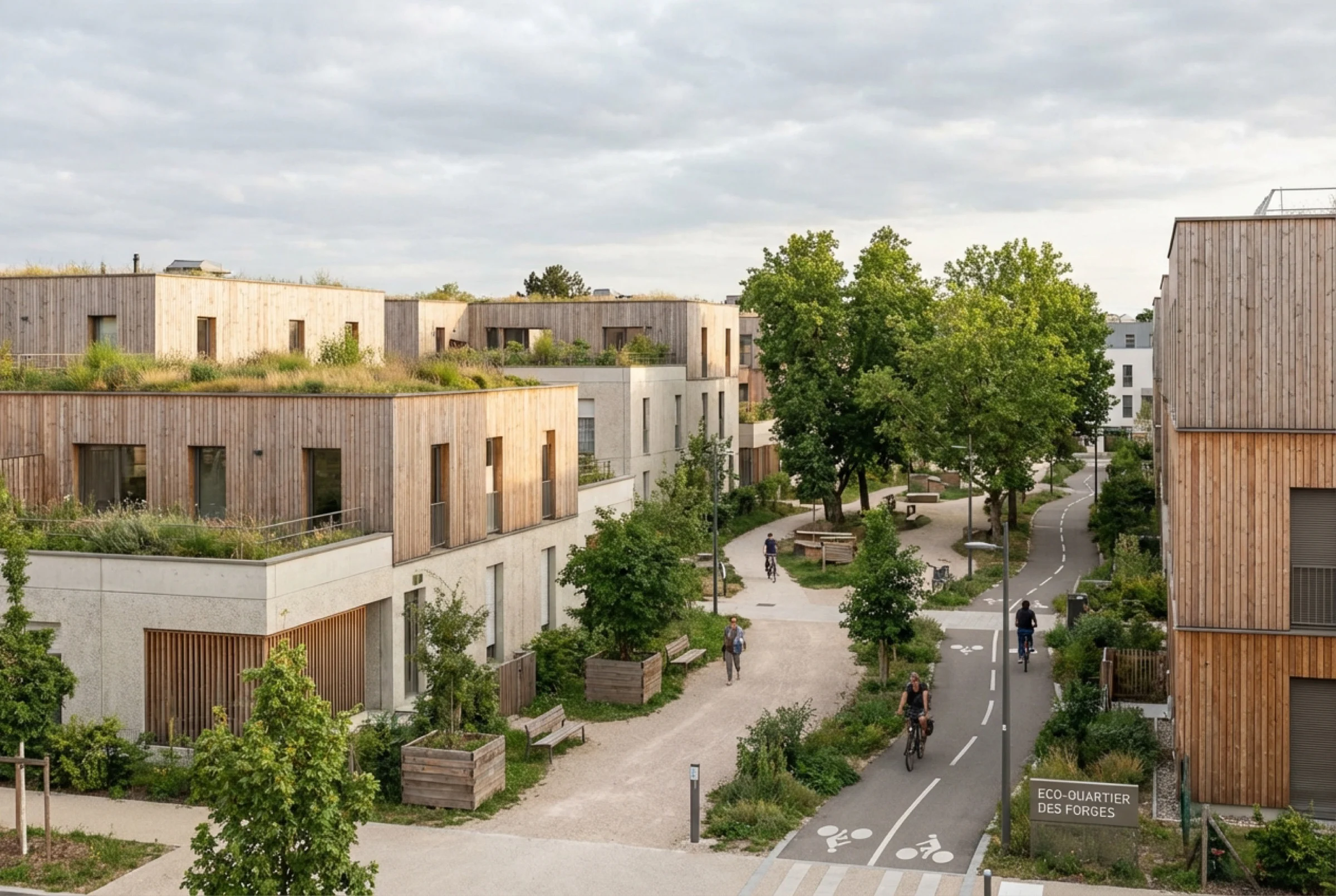Écoquartier aux façades en bois, construction durable