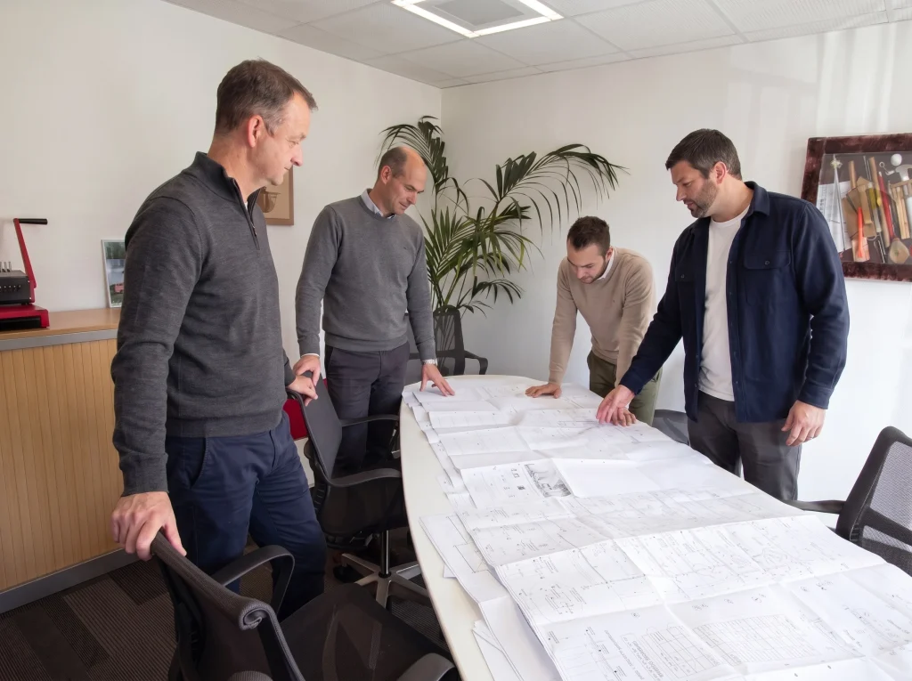 Réunion de l'équipe SOCARA autour de plans au bureau d'études