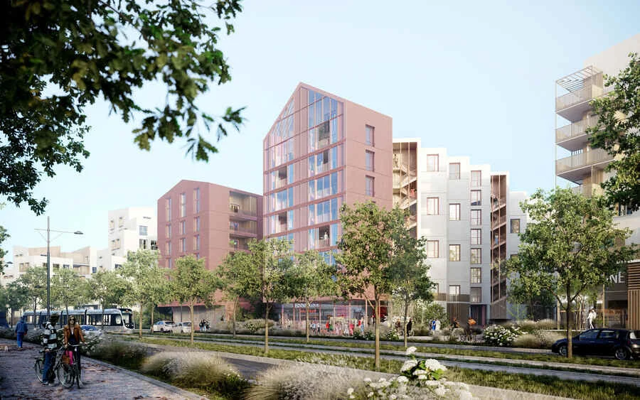 Immeubles de logements aux façades roses et vitrées