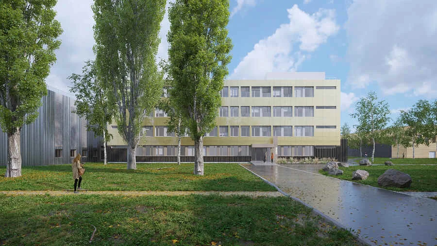 Immeuble de logements entouré de peupliers
